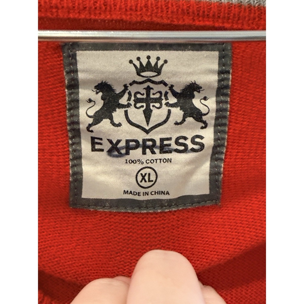 VTG 90s Express Men XL‎ Red/Black/Gray Argyle V-Neck Sweater Cotton Retro Preppy - Picture 3 of 5